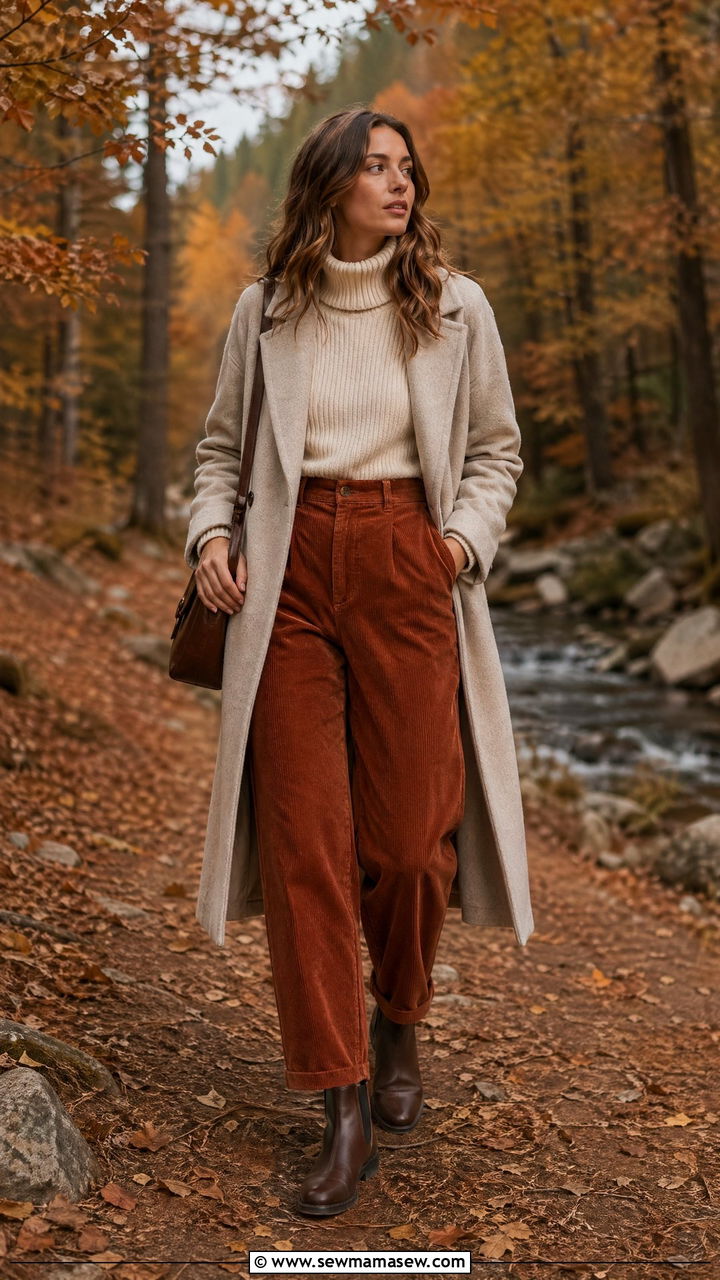 Turtleneck with Corduroy Trousers and Chelsea Boots - 35 travel outfit ideas for women