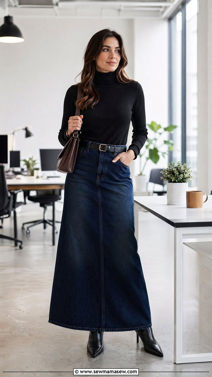Turtleneck with Denim Maxi Skirt - 35 classy cute outfits