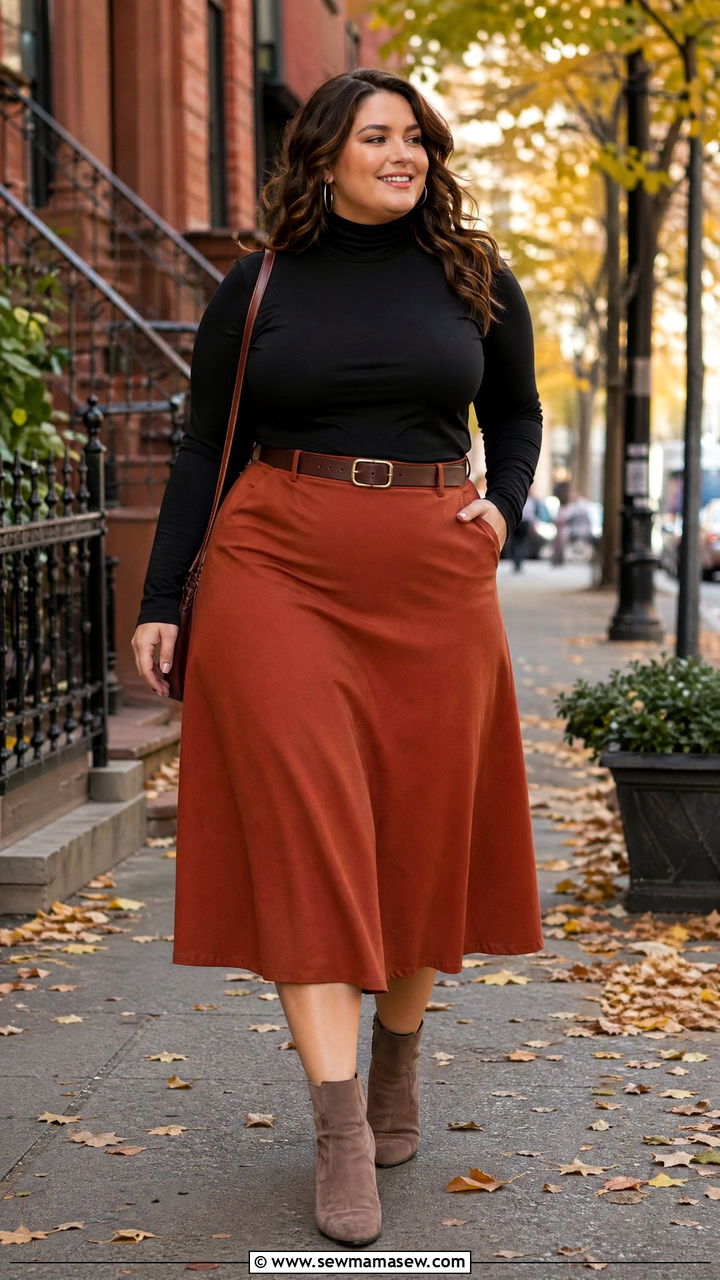 Turtleneck with Midi Skirt and Ankle Boots - 35 casual outfits for curvy women