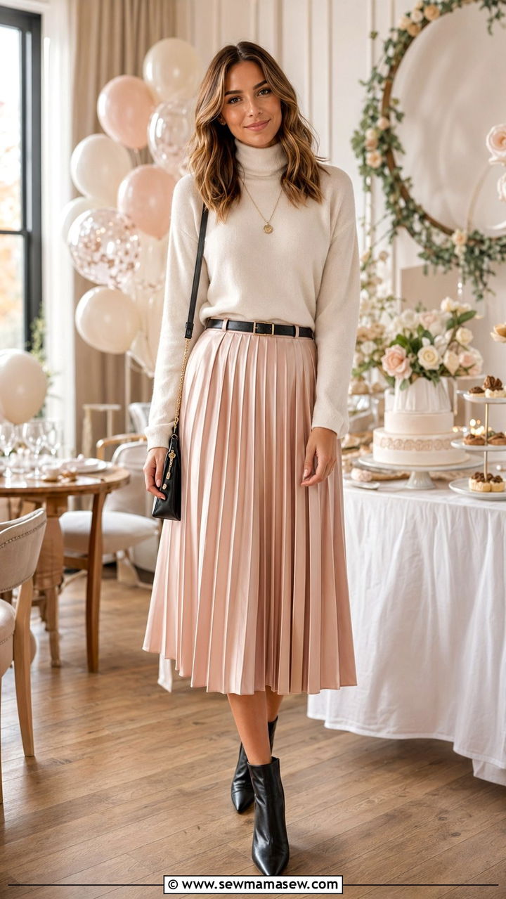 Turtleneck with Midi Skirt and Ankle Boots - 30 what to wear to a baby shower