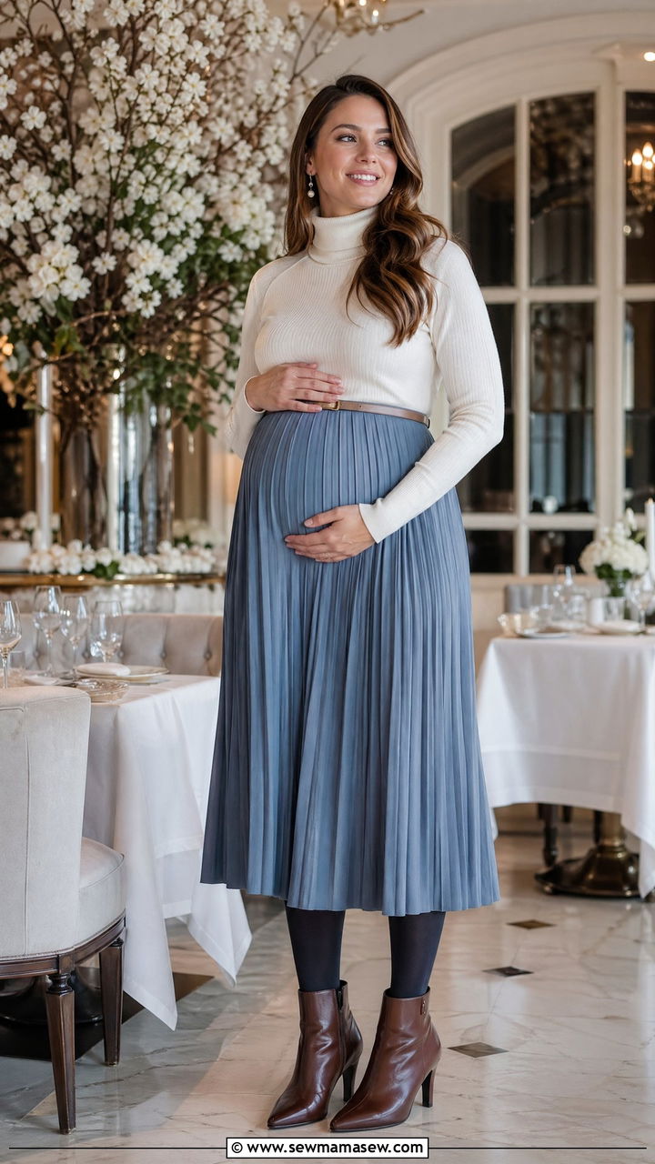 Turtleneck with Midi Skirt and Boots - 35 cute baby shower outfits