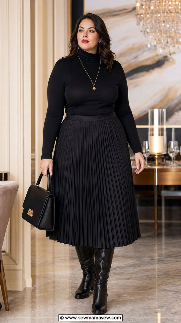Turtleneck with Pleated Midi Skirt and Knee High Boots - 35 outfit ideas for plus size women