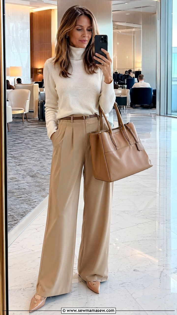 Turtleneck with Wide Leg Trousers Travel Outfit - 35 Travel outfits for women over 40