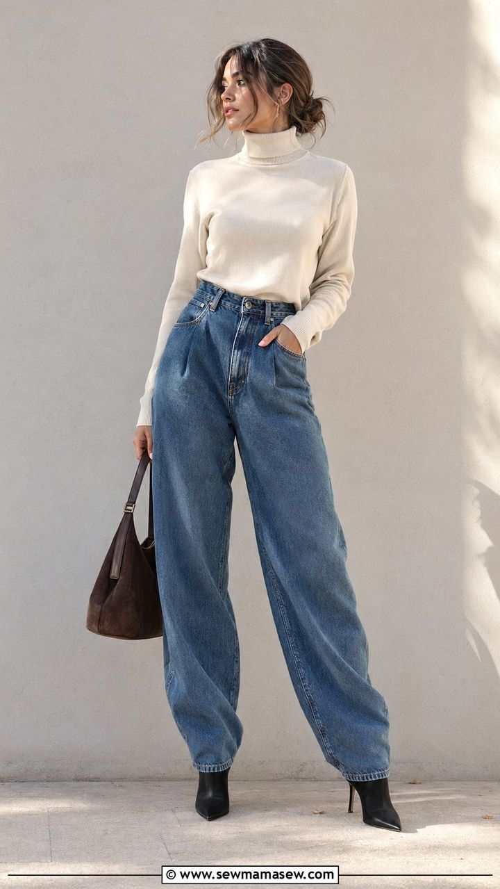 Turtleneck with baggy jeans and heeled boots - 30 windy day outfits inspo