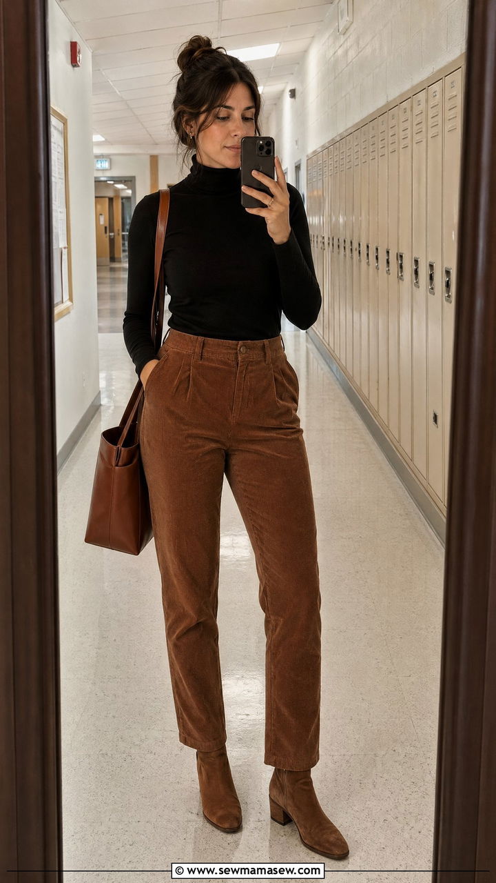 Turtleneck with corduroy trousers and ankle boots - 35 Teacher outfit ideas for school
