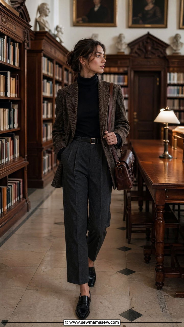 Tweed Blazer Outfit With Turtleneck And Trousers - 35 Dark academia outfit ideas