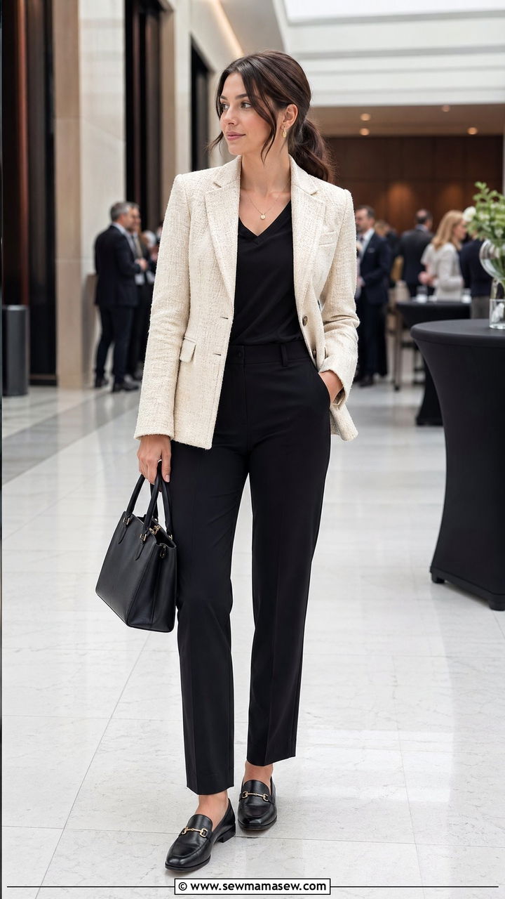 Tweed Blazer Over Black Tailored Pants - 35 Work conference outfit ideas