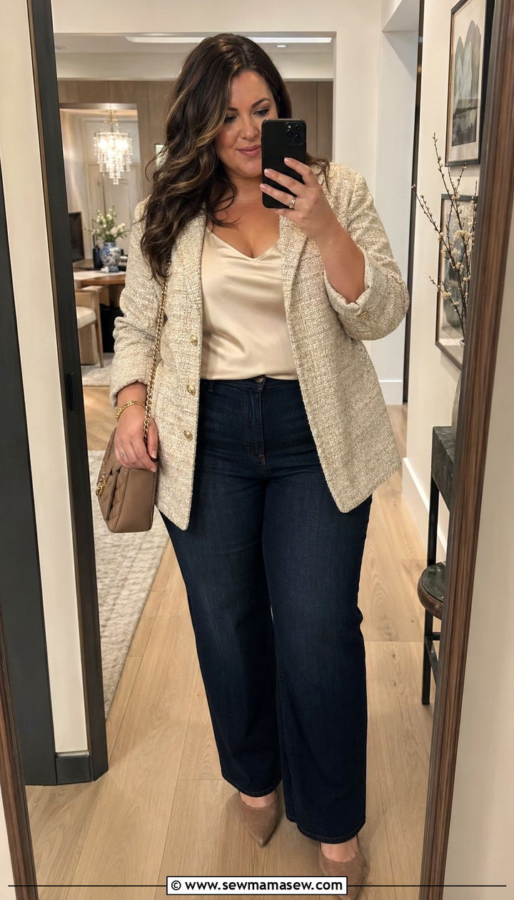 Tweed Blazer Silk Camisole and Dark Jeans - 35 Plus size outfit ideas size 22