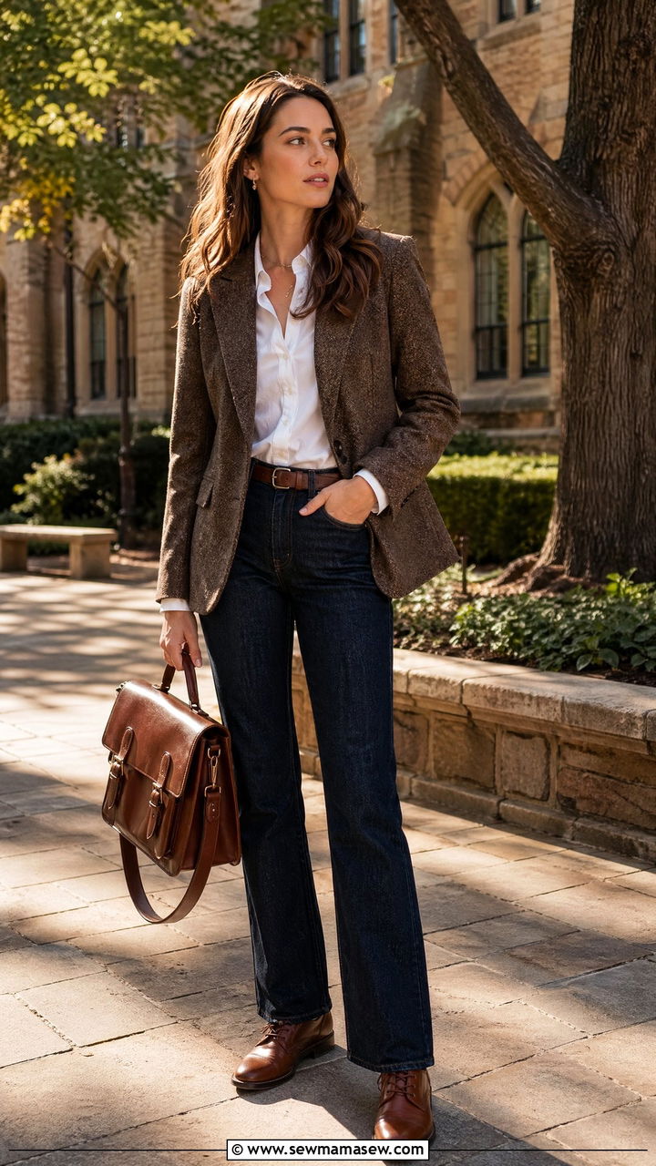 Tweed Blazer With White Button Down And Dark Wash Jeans - 35 College professor outfit ideas