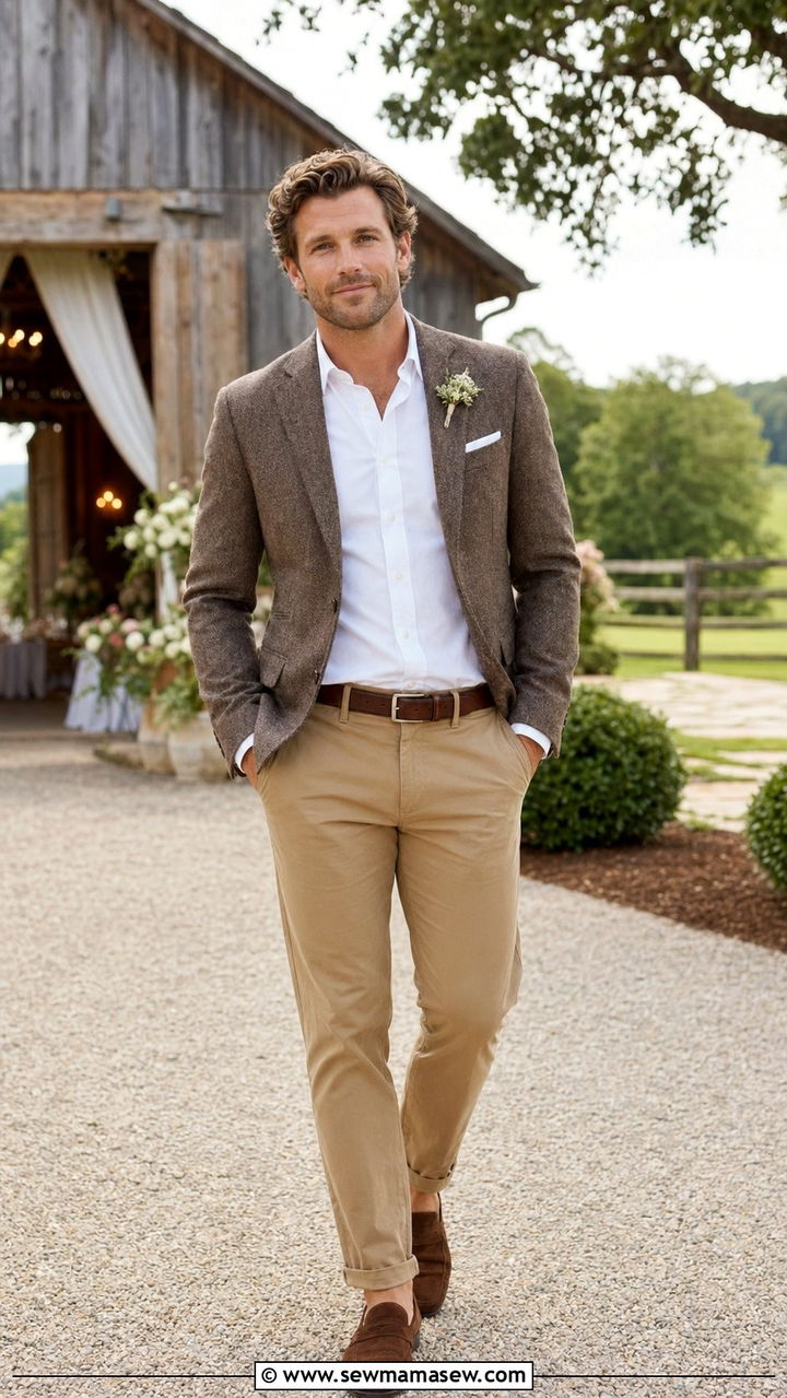 Tweed Blazer with Chinos - 30 Barn wedding guest outfit ideas