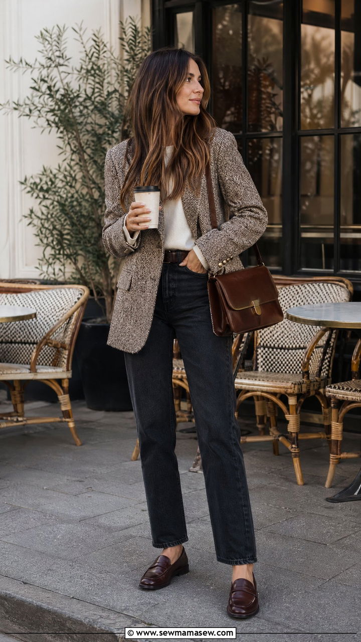 Tweed Blazer with Dark Denim and Loafers - 35 travel outfit ideas for women