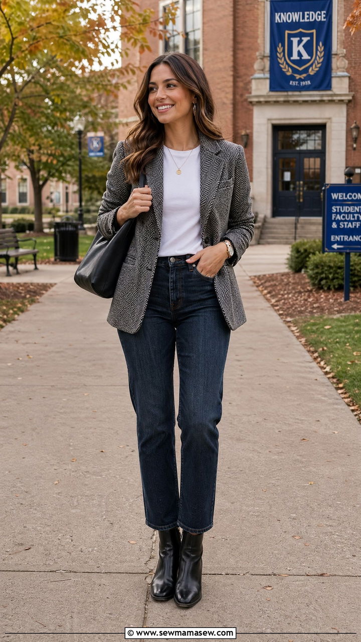 Tweed Blazer with Dark Wash Jeans and Ankle Boots - 35 teacher outfit ideas for women
