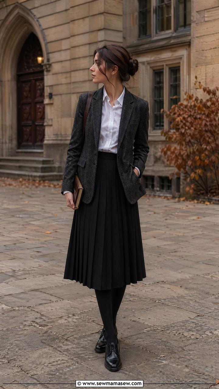 Tweed Blazer with Pleated Midi Skirt and Oxford Shoes - 35 dark academia outfits