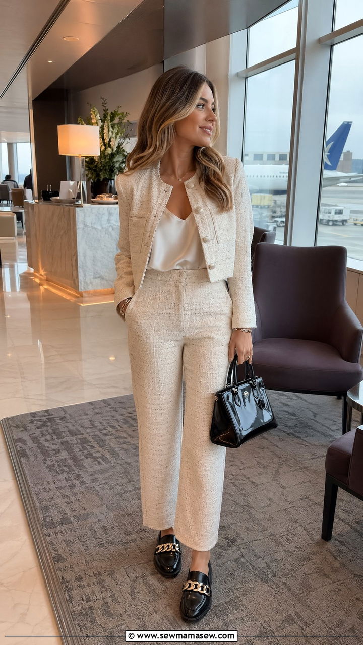 Tweed Co Ord Set with Loafers - 40 airport outfits ideas