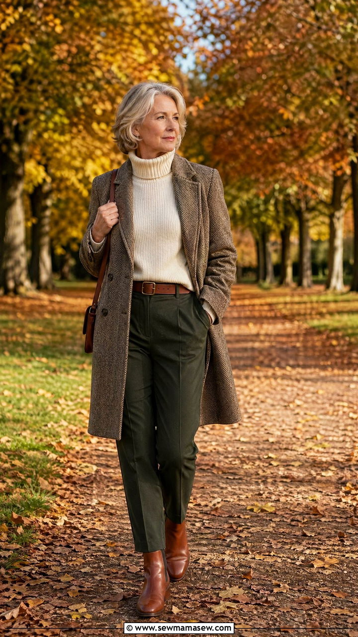 Tweed Coat with Cream Turtleneck and Tailored Trousers - 35 Classy outfits for mature women