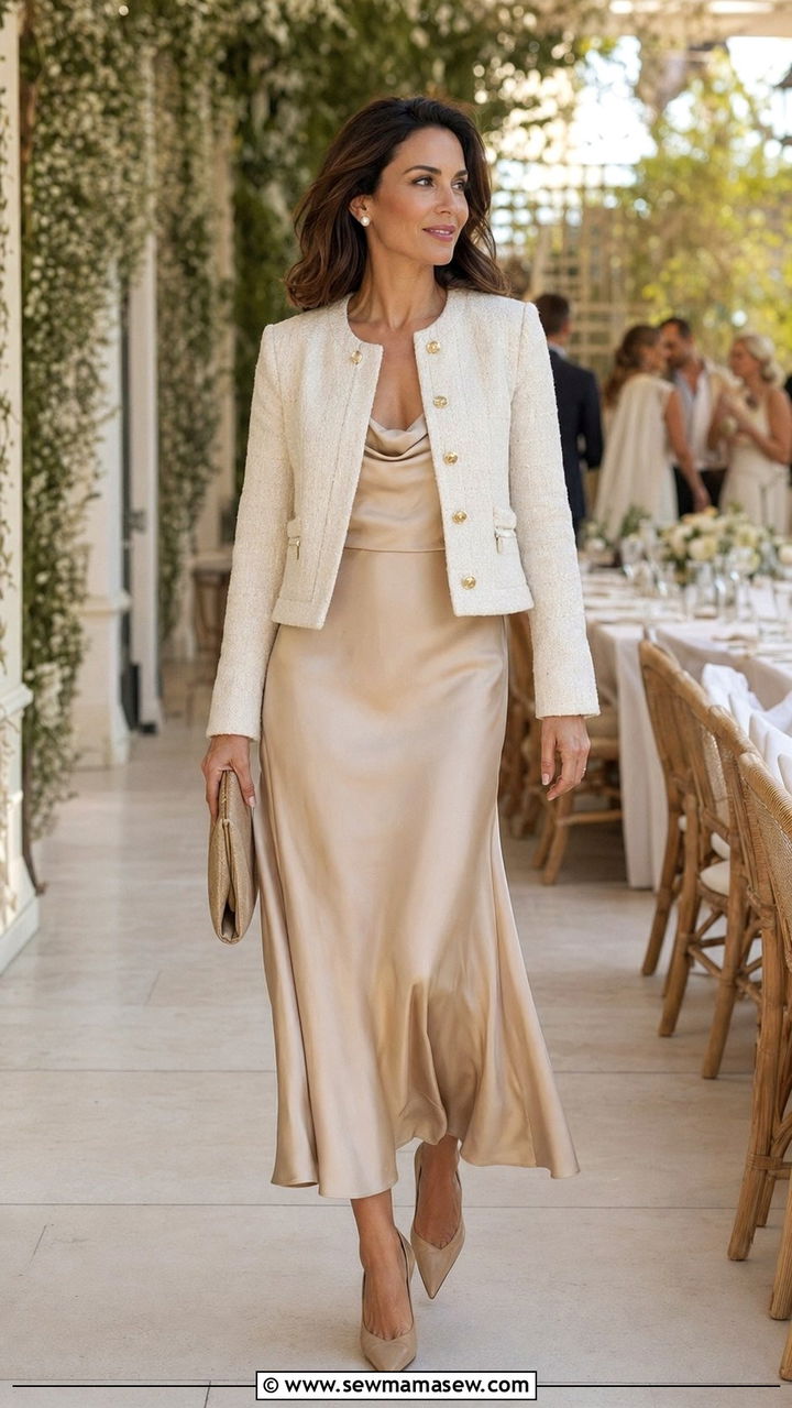 Tweed Jacket And Slip Skirt For Wedding Guest - 30 wedding guest outfits for women over 30