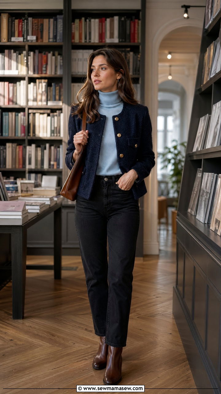 Tweed Jacket Over Turtleneck And Dark Denim - 35 Warsaw outfit ideas
