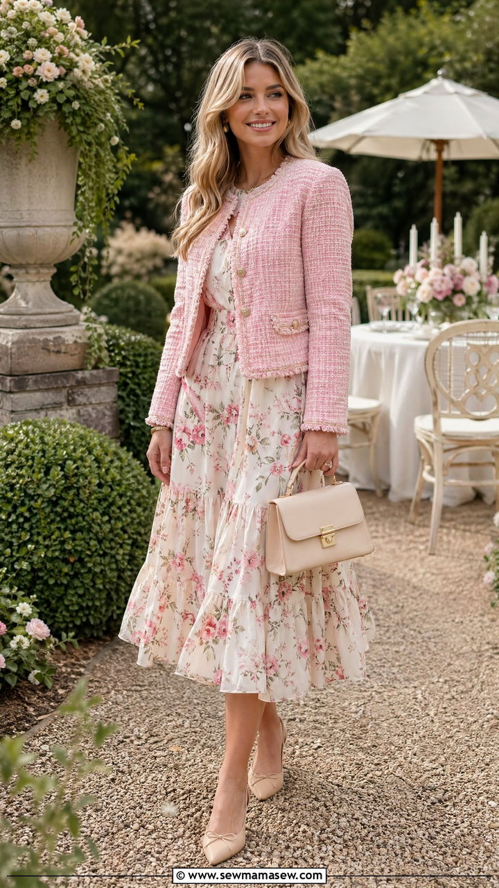 Tweed Jacket Over a Floral Dress - 35 Spring garden party outfit ideas