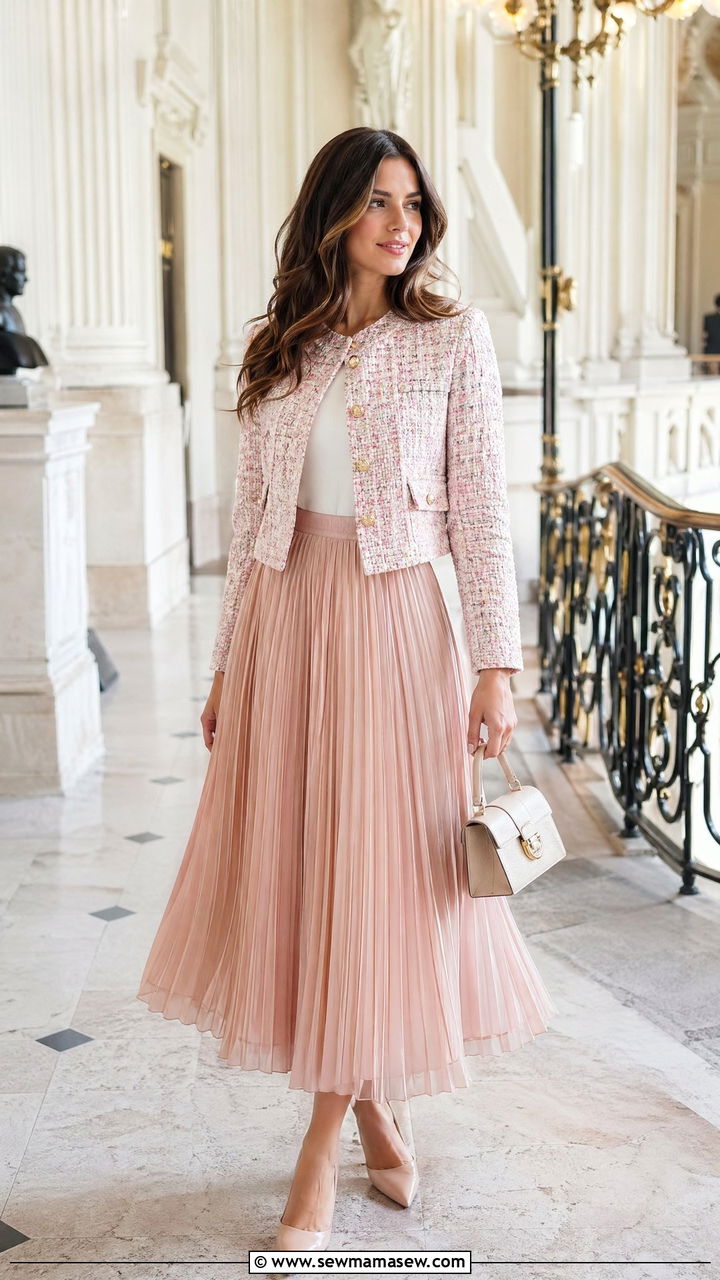 Tweed Jacket With A Pleated Midi Skirt - 35 classy concert outfits