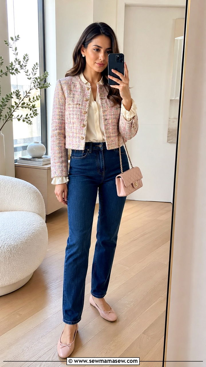 Tweed Jacket With Dark Jeans And Ballerina Flats - 30 spring elevated casual outfit ideas