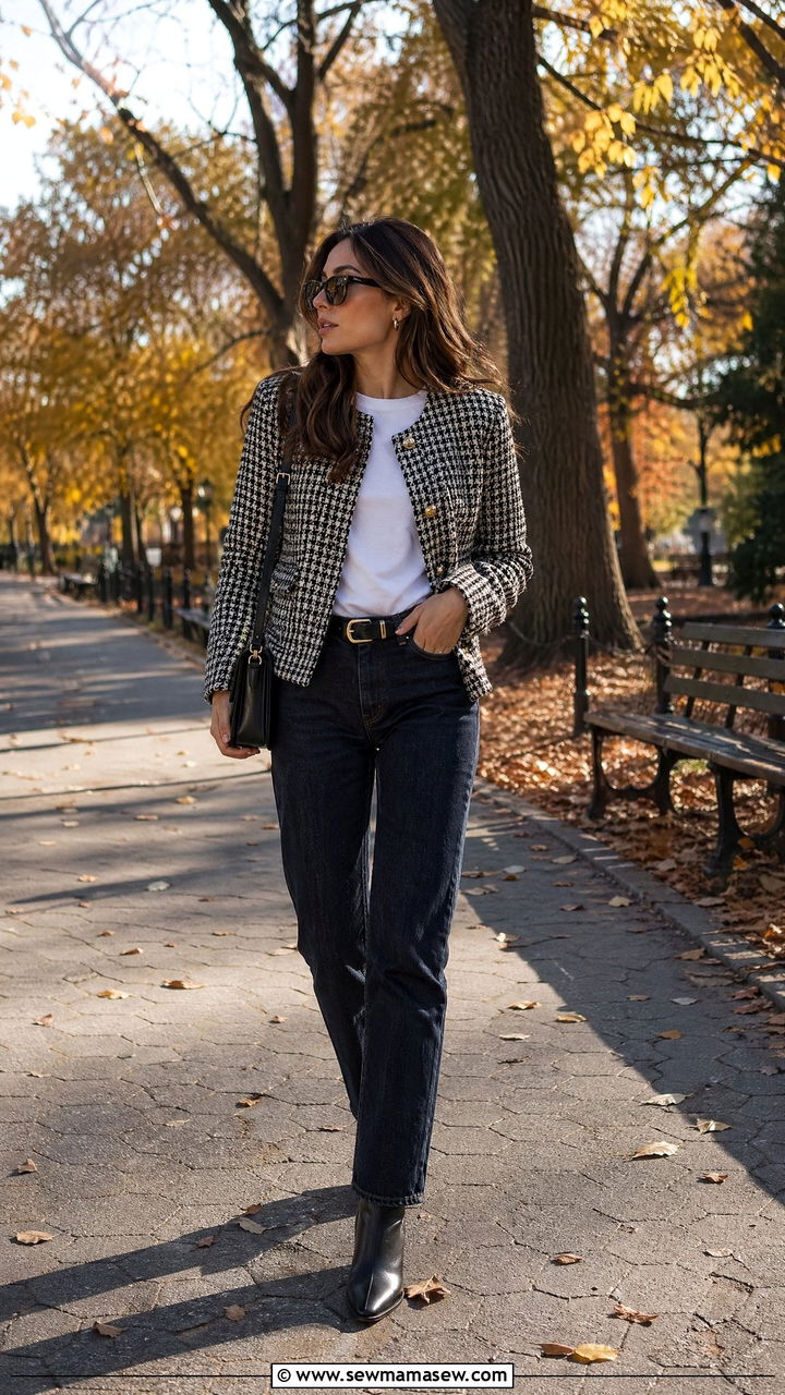 Tweed Jacket With Dark Jeans And Leather Ankle Boots Outfit - 35 classy casual outfits
