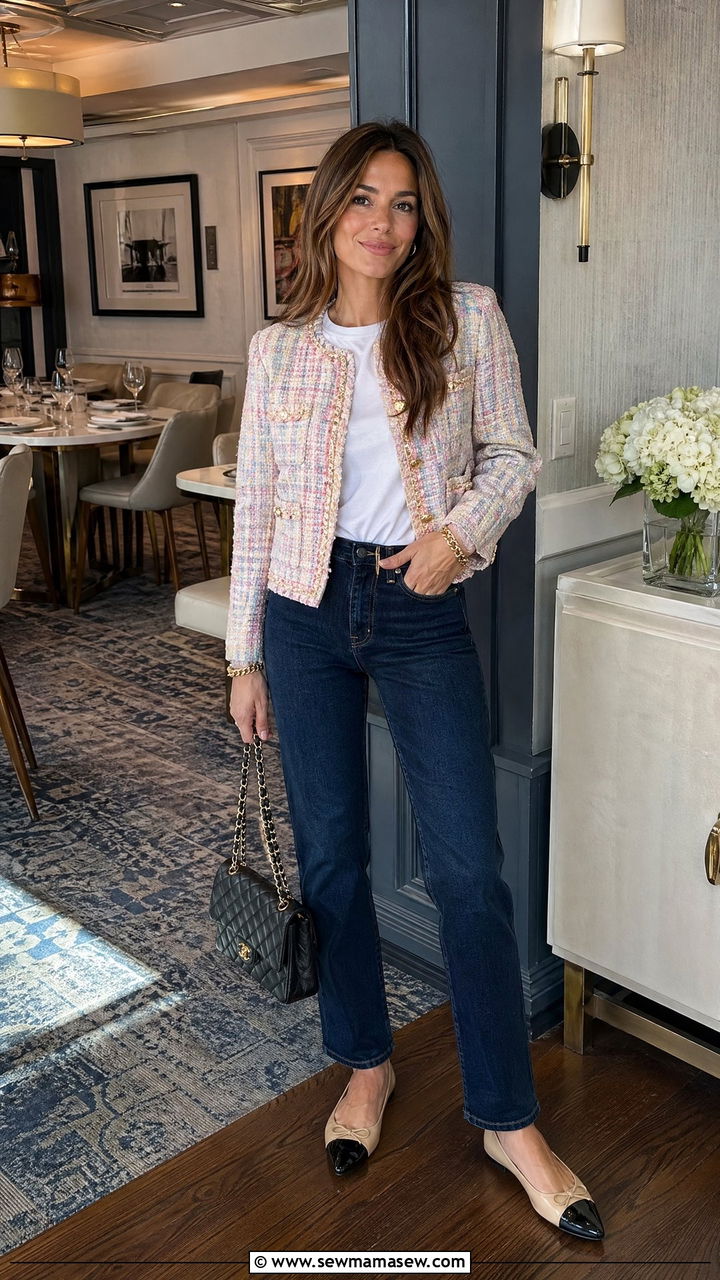Tweed Jacket With Dark Jeans Outfit - 35 College reunion outfit ideas