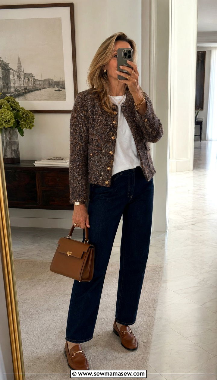 Tweed Jacket With Dark Wash Straight Leg Jeans - 35 Old money outfit ideas for women over 50