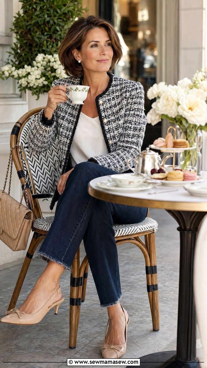 Tweed Jacket With Mom Jeans And Slingback Heels - 35 mom jeans outfits for women over 40