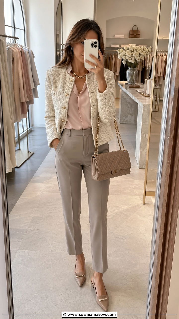 Tweed Jacket With Silk Blouse And Tailored Trousers - 35 spring old money outfits