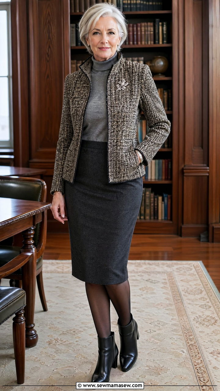 Tweed Jacket With a Charcoal Gray Flannel Pencil Skirt - 35 Skirt outfit ideas for women over 60