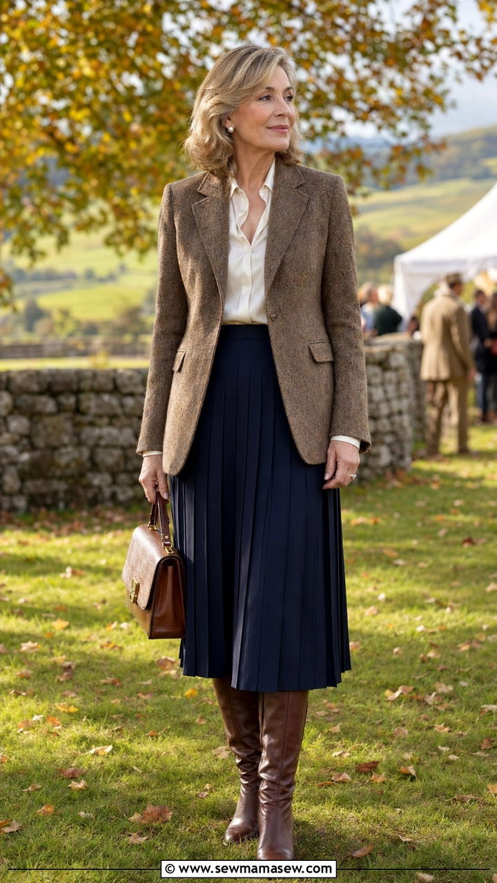 Tweed Jacket and Pleated Midi Skirt - 35 Old money outfits for women over 50