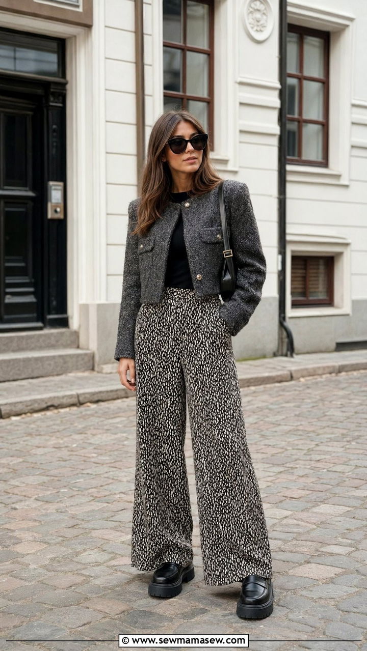 Tweed Jacket and Printed Wide Leg Trouser Outfit - 35 scandinavian outfits for women