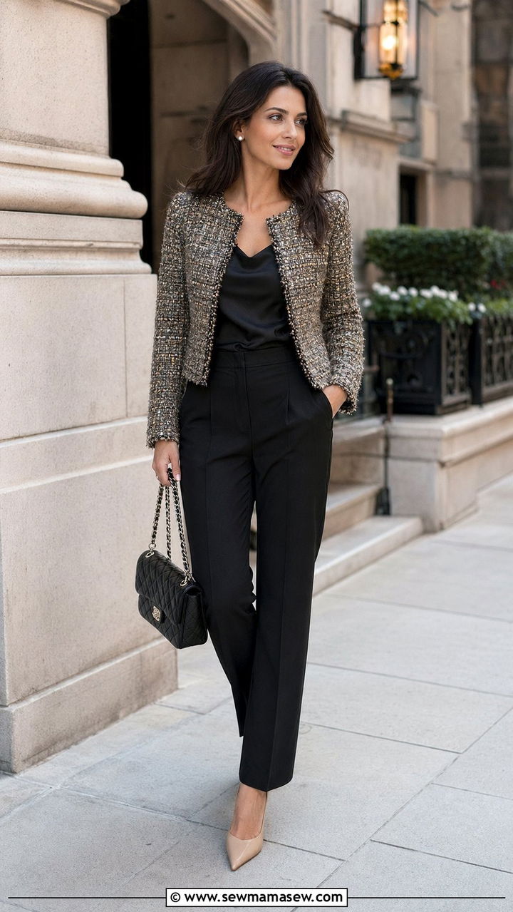 Tweed Jacket with Black Straight Trousers - 35 Petite outfits for women over 40