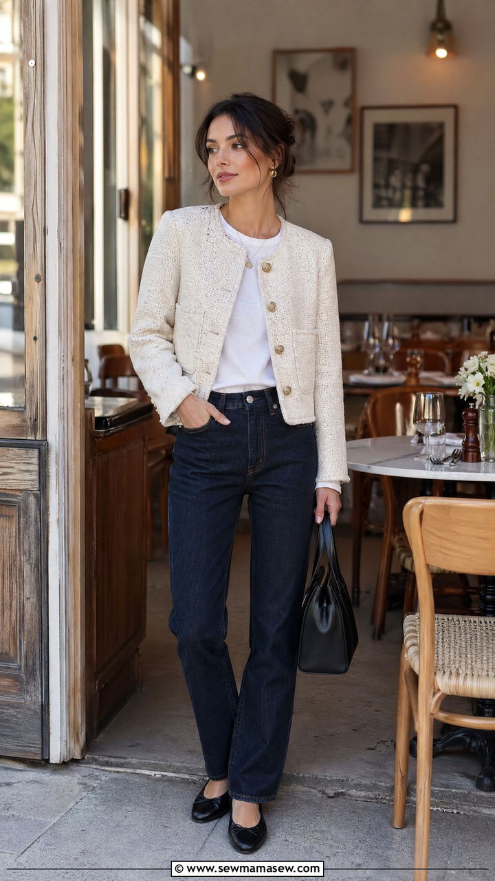 Tweed Jacket with Dark Denim and Ballet Flats - 35 classy outfits