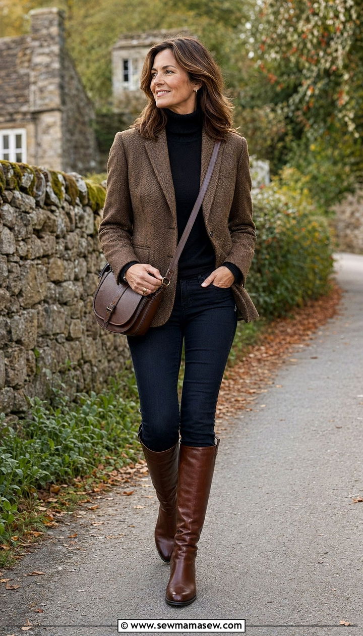 Tweed Jacket with Dark Denim and Boots - 35 Old money outfit ideas for women over 40