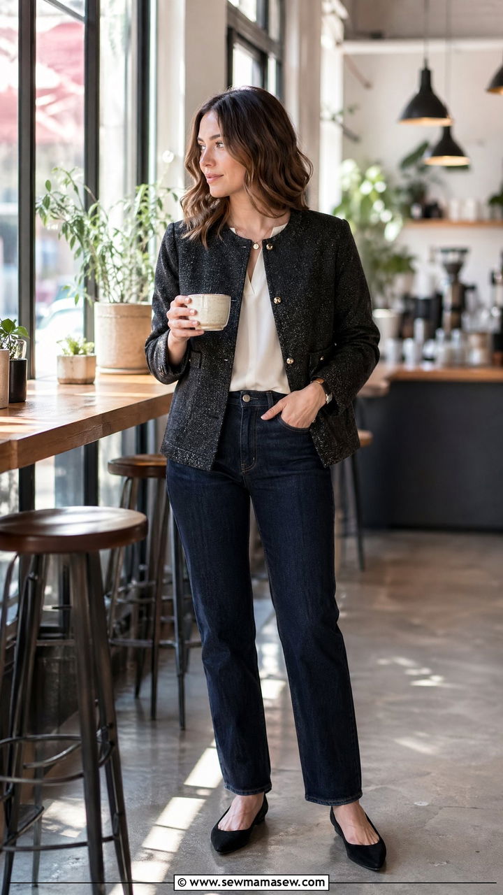 Tweed Jacket with Dark Wash Straight Leg Jeans and a Silk Shell - 35 workwear outfit ideas for women