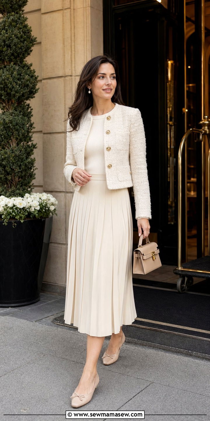 Tweed Jacket with Pleated Midi Skirt - 35 Old money brunch outfit ideas