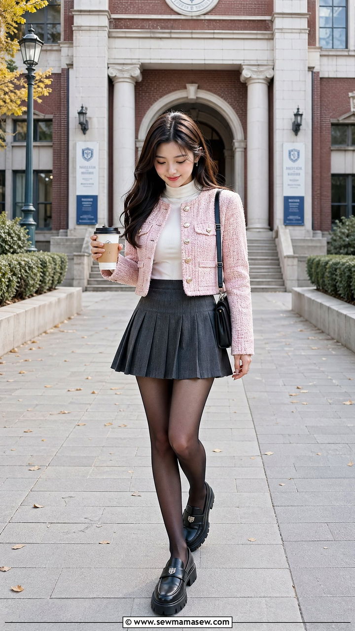 Tweed Jacket with Pleated Mini Skirt - 35 cute outfit ideas for women