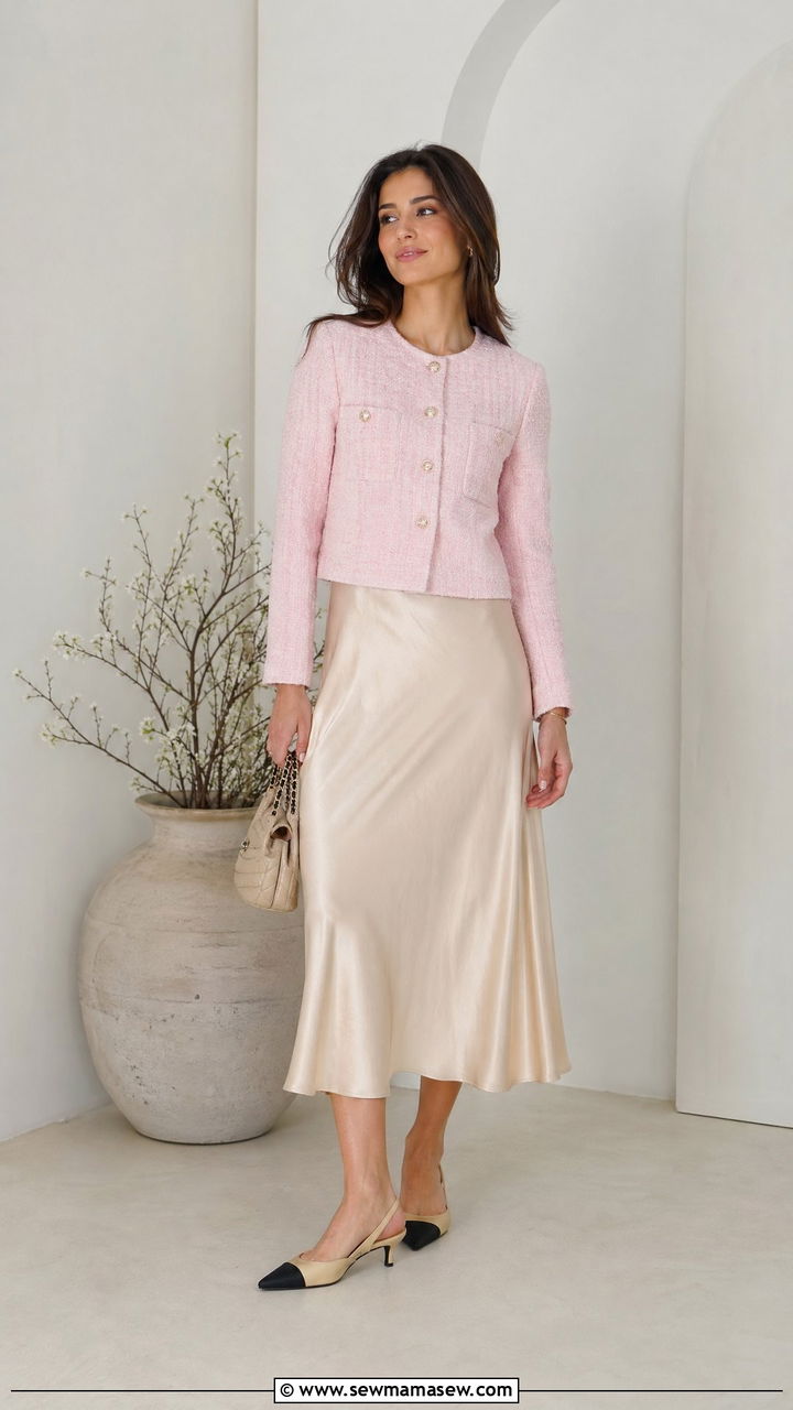 Tweed Jacket with Silk Skirt and Kitten Heels - 35 spring elegant outfit ideas