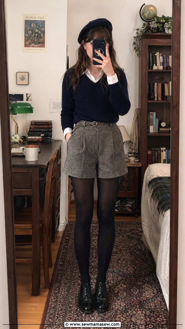 Tweed Shorts Outfit With Tights And Brogue Boots - 35 Dark academia outfit ideas