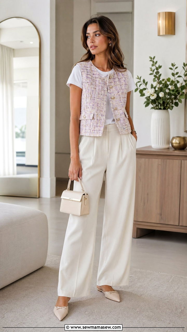 Tweed Vest with Wide Leg Trousers - 35 summer preppy outfit ideas