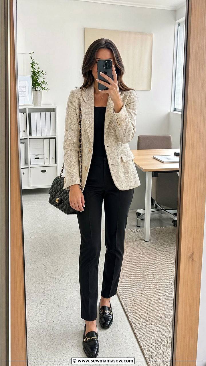 Tweed blazer and black trousers interview outfit - 35 Teacher interview outfit ideas