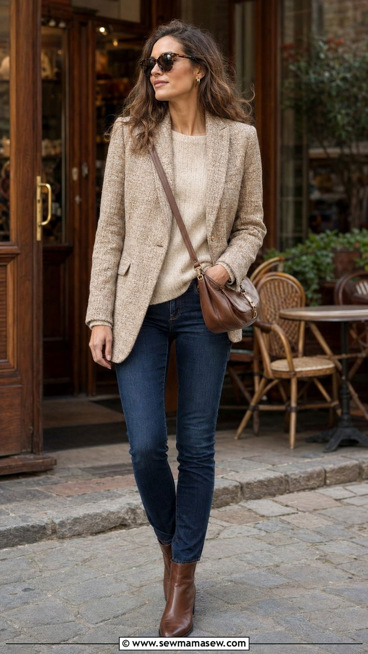Tweed blazer with dark denim and leather ankle boots - 30 Best blazers for tall women