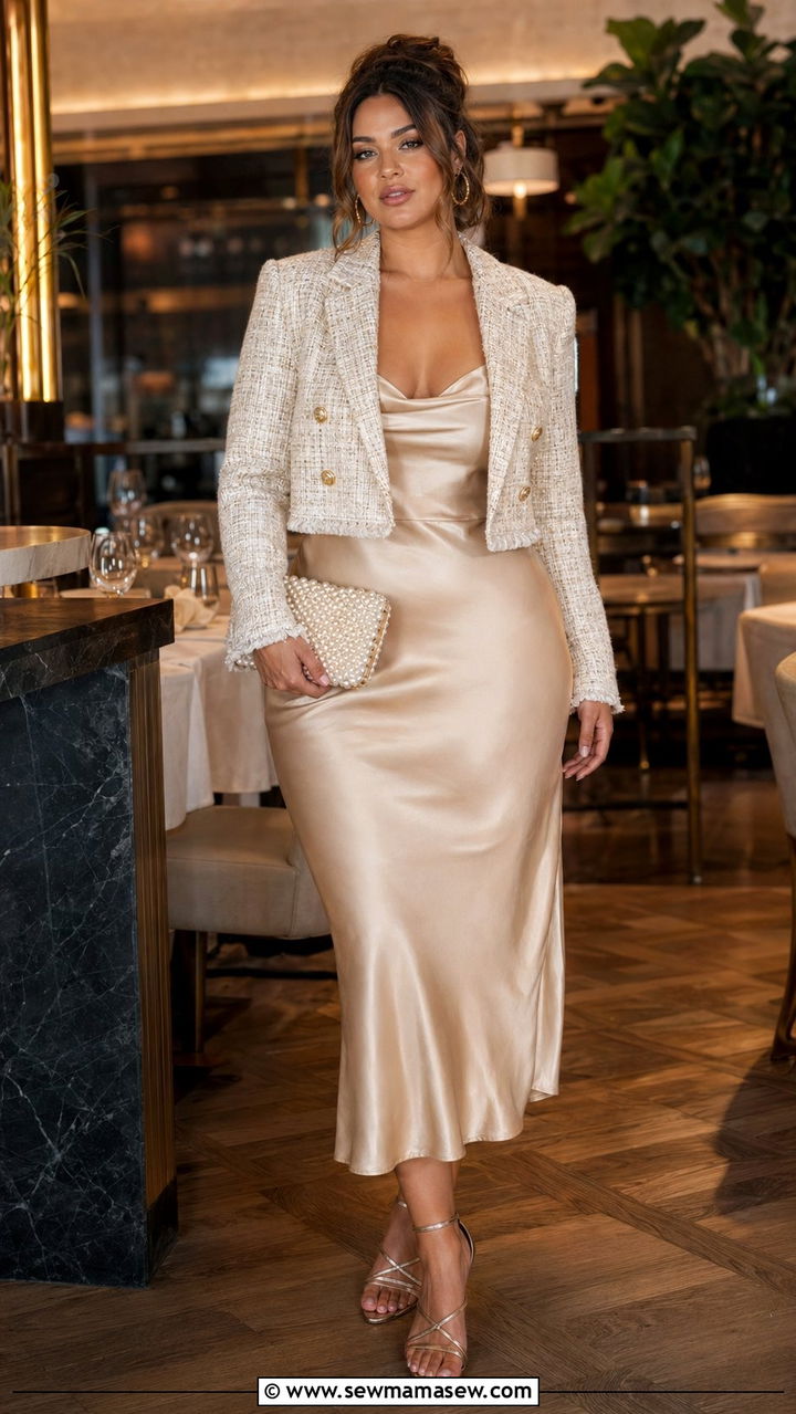 Tweed blazer with slip dress and strappy heels - 30 Best blazers for curvy women