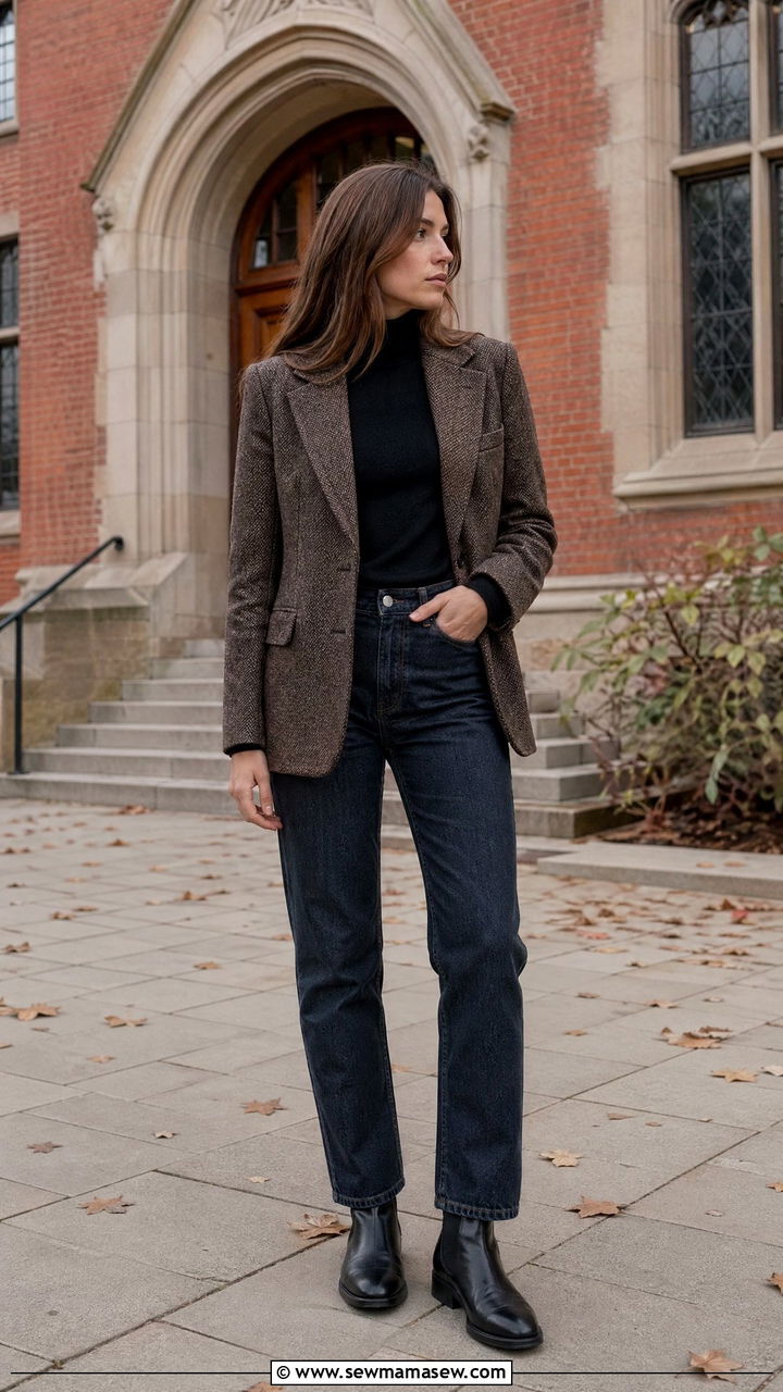 Tweed blazer with turtleneck and straight leg jeans - 35 cute college outfits