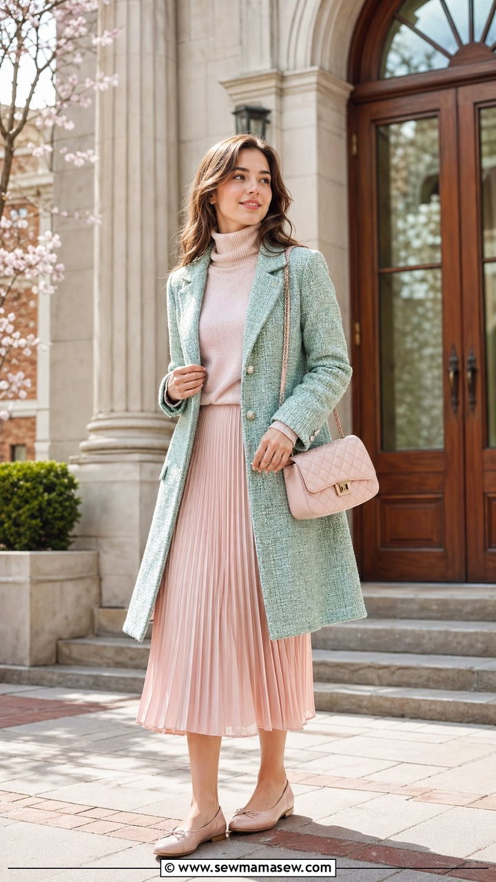 Tweed coat with turtleneck and pleated midi skirt outfit - 30 Back to school outfit ideas preppy 2026