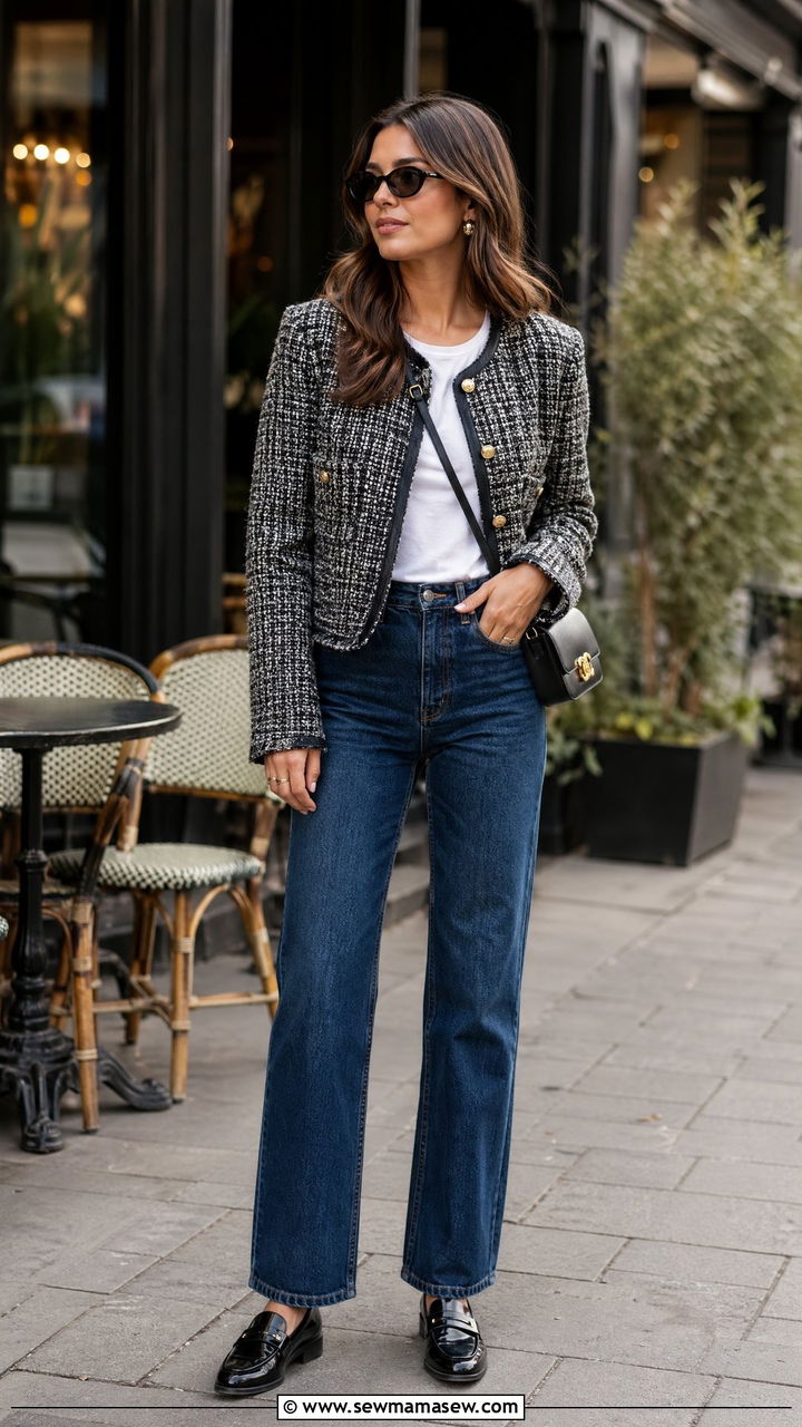 Tweed jacket and straight leg jeans outfit - 35 classy outfits 2026