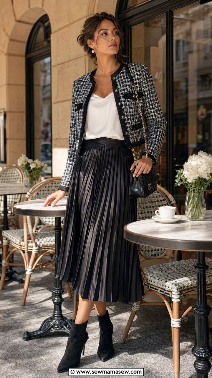 Tweed jacket with a satin pleated skirt and ankle boots - 35 Parisian cafe outfit ideas