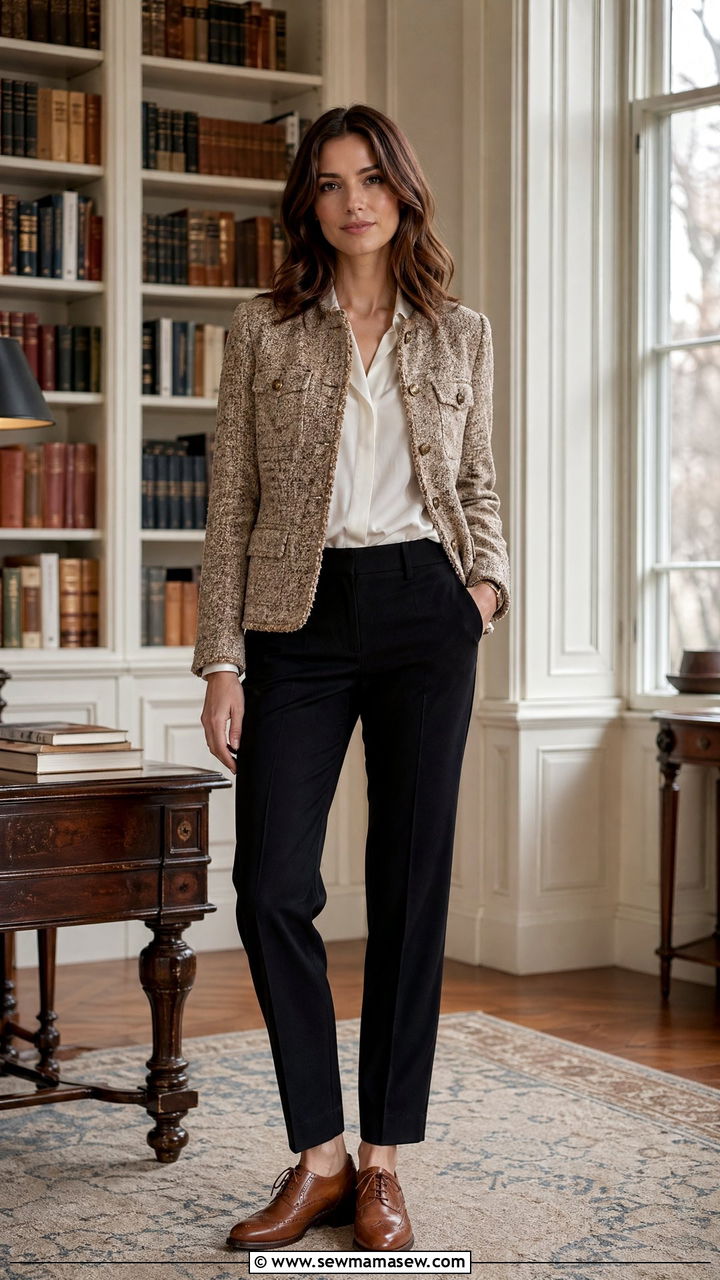 Tweed jacket with black trousers and brogues - 35 Spring business casual outfits for women