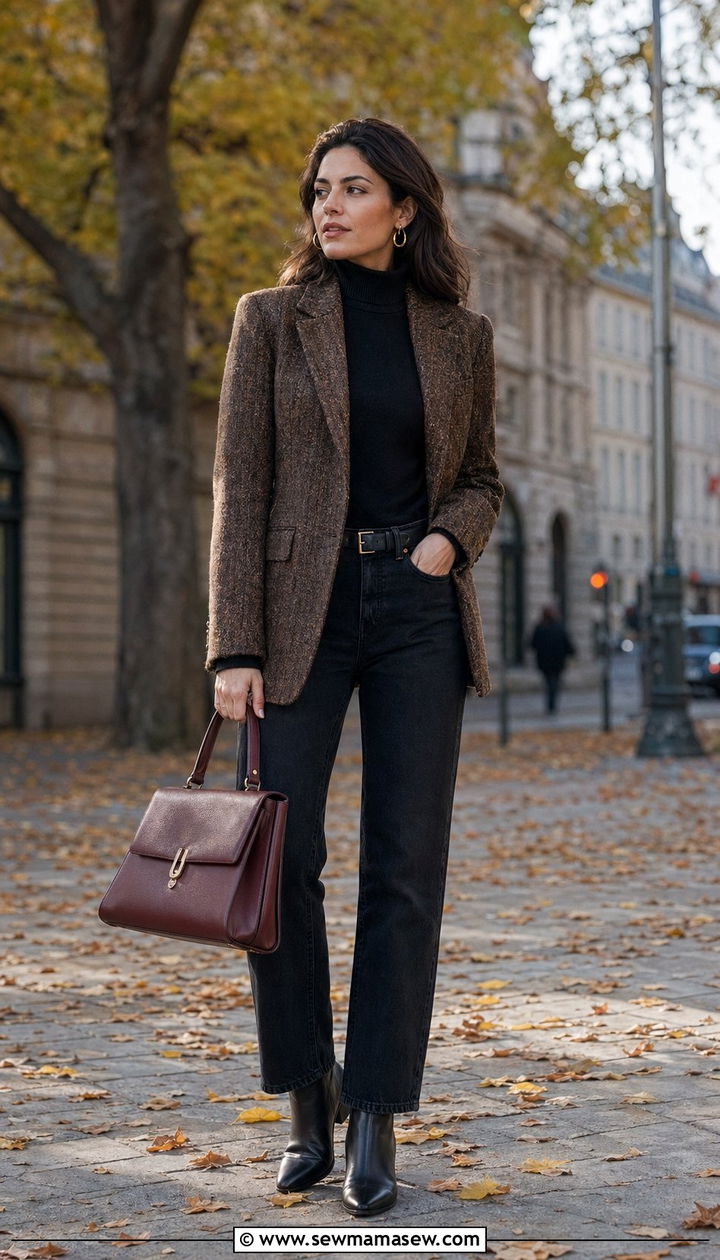 Tweed jacket with black turtleneck and dark straight jeans - 35 quiet luxury outfits ideas